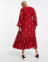 ASOS DESIGN Curve button through embroidered maxi tea dress in oxblood