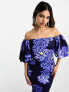 True Violet bardot midi dress with pephem in bright blue floral print