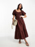 Фото #2 товара New Look puff sleeve shirred top midi dress in brown