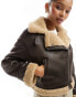 Bershka contrast shearling jacket in brown & ecru