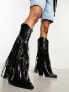 Daisy Street buttery applique fringed knee high western boots in black