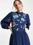 ASOS DESIGN Tall high neck pleated long sleeve skater midi dress with embroidery in navy