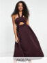 ASOS DESIGN Tall – Midi-Ballkleid in Aubergine mit verdrehtem Detail, Neckholder-Träger und Zierausschnitten