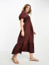 New Look puff sleeve shirred top midi dress in brown