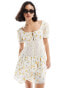 ASOS DESIGN mini dress with puff sleeve and lace waist in blue and lemon floral print