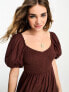 New Look puff sleeve shirred top midi dress in brown