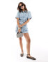 ASOS DESIGN denim boxy playsuit with belt in light wash blue