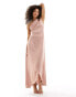 TFNC Bridesmaid satin one shoulder maxi dress with wrap skirt in rose brown