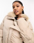 Threadbare Fairy longline maxi puffer coat with faux fur collar in stone