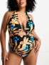 Фото #5 товара River Island Plus trim halterneck swimsuit in black tropical print