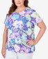 Plus Size Pleated Neck Floral Short Sleeve Tee