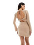 ASOS DESIGN racer cut out long sleeve mini dress with open back in camel