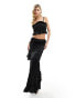 Simmi satin shirred maxi skirt co-ord in black