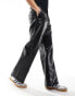 ASOS DESIGN wide hem baggy leather look trouser in black with sporty piping