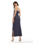 Y.A.S stretch textured denim look beandeau maxi dress in dark blue