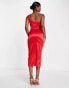 ASOS DESIGN one shoulder satin drape corset detail midi dress in red