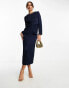 Vila Bridesmaid knot front satin midi dress in navy blue