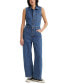 ფოტო #1 პროდუქტის Women's Cotton Button-Front Sleeveless Jumpsuit