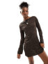 Фото #1 товара COLLUSION slash neck long sleeve crinkle mini dress in brown