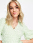 Pieces Premium embroidered wrap puff sleeve mini dress in green