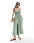 ASOS DESIGN shirred linen cami jumpsuit with wide culotte leg in khaki