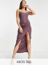 Фото #1 товара ASOS DESIGN Tall corset bandeau midi dress in washed fabric with drape detail skirt in wine