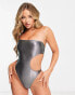 VAI21 one shoulder cut out high leg swimsuit in metallic charcoal