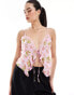 Фото #1 товара YAS cami frill detail top with tie front in pink floral spot print - MULTI