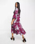 Liquorish satin wrap midi dress with puff sleeve in wine placement floral