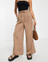 Lola May Petite straight leg trousers with drawstring waist in chocolate brown