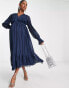 ASOS DESIGN Maternity satin stripe midi dress with blouson sleeve and button detail in navy