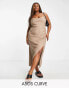 ASOS DESIGN Curve drape neck seersucker midi dress in mocha