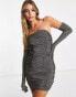 Rare London ruched mini dress with gloves in glitter