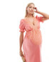 ASOS DESIGN Maternity embroidered satin midi tea dress in pink with peach embroidery Pfirsich-Stickerei, 38 - фото #2