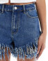 DTT extreme frayed festival denim shorts in mid blue