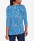 Petite Ring Neck Medallion Puff Printed Knit Top with Asymmetric Hem