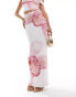 Kaiia mesh column maxi skirt with co-ord in white and pink orchid print