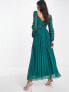 ASOS DESIGN embroidered lace insert pleated midi dress with long sleeves in pine green