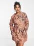 ASOS DESIGN Curve cotton puff sleeve mini dress with removable sleeves in tan swirl print