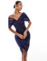 Lavish Alice draped bardot bonded satin midi dress in navy