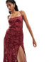 ASOS DESIGN jacquard double strap maxi dress with hook and eye split in burgundy