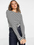 Selected Femme cotton ribbed long sleeve top in black stripe - MULTI