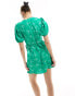 Glamorous wrap short sleeve tea dress in green scribble floral