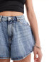 Monki flare denim shorts in two tone mid blue wash