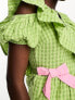 Фото #2 товара Neon Rose contrast bow ruffle gingham mini dress in green