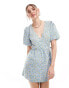 Wednesday's Girl ditsy puff sleeve wrap mini dress in blue