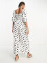 ASOS DESIGN linen look shirred bodice puff sleeve jumpsuit in mono spot print