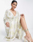 Фото #8 товара ASOS DESIGN belted batwing maxi tea dress in white and gold metallic jacquard