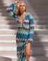 South Beach x Misha Grimes ring front cut out long sleeve zig zag print maxi beach dress in blue