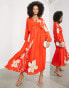 Фото #2 товара ASOS EDITION trailing tulip embroidered gathered waist midi dress in tomato red